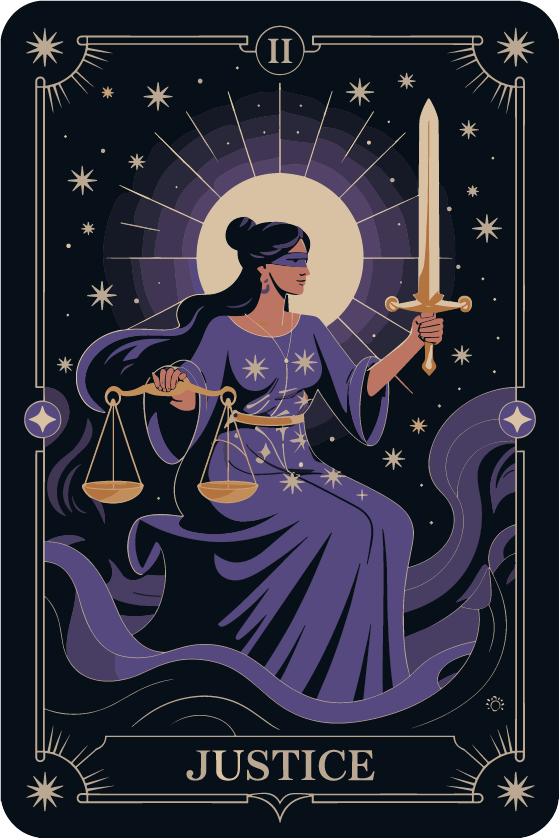Tarot Justice Card with woman holding balance and sword